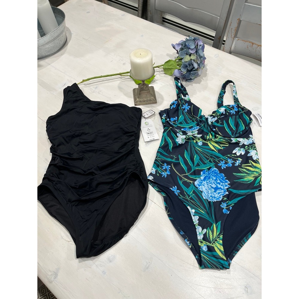 Lot 2 Old Navy Time andâ Tru One Piece Swimsuits Floral Black Ruched Small NWT